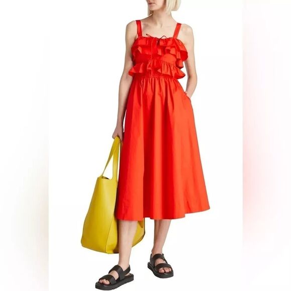 JASON WU Ruffle Bodice Midi Dress 4 Firecracker Red A-Line Sleeveless EUC B69 - Picture 1 of 7